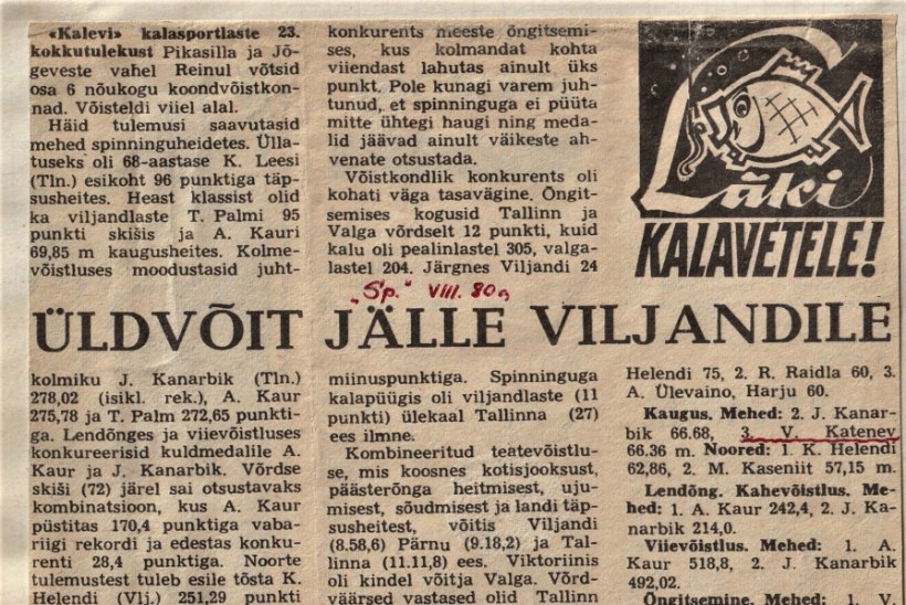 Veterankalamees Katenevi päevikud 1980: Kalevi klubi meister ja ilusad ahvenad Peipsilt.