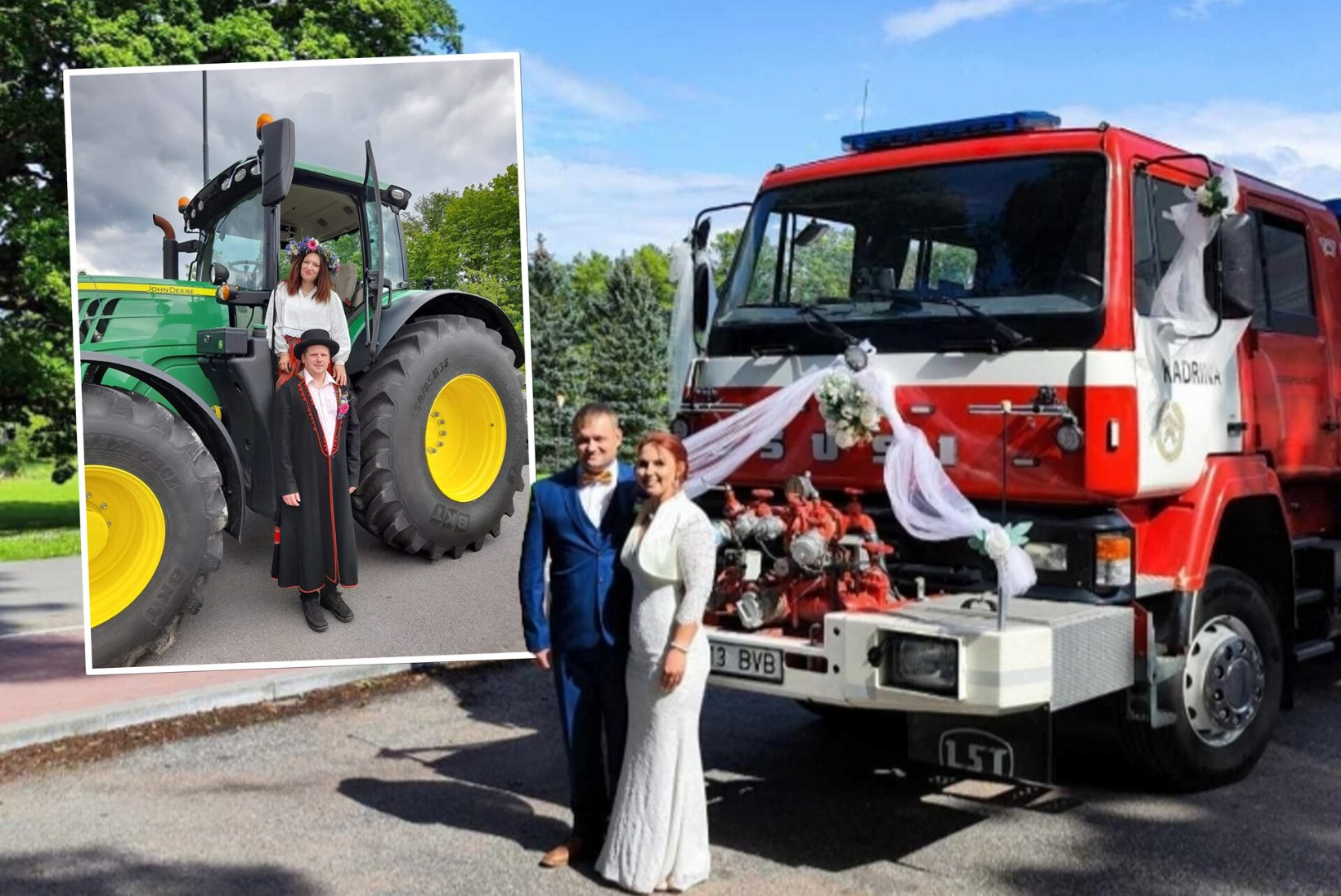 Unustage limusiinid! Originaalsed noorpaarid sõidavad pulma hoopis traktori ja tuletõrjeautoga!